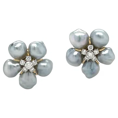 Pre-owned Valentin Magro Grey Keshi Pearl South Sea 18k Yellow Gold Diamond Cluster Earrings