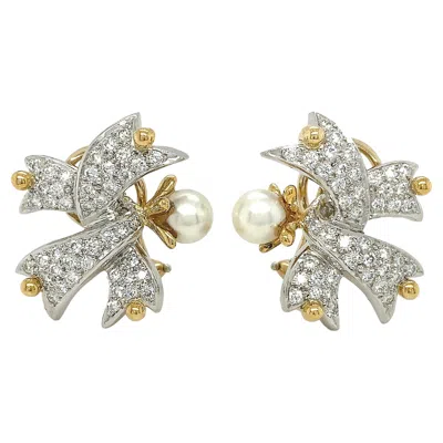 Pre-owned Valentin Magro Platinum And 18k Yellow Gold Diamond Ribbon Pearl Earrings