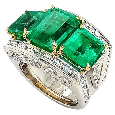 Pre-owned Valentin Magro Platinum And 18k Yellow Gold Emerald Trio And Diamond Ring