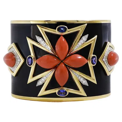 Pre-owned Valentin Magro Red Coral Maltese Black Enamel Diamond Sapphire Cuff Bracelet