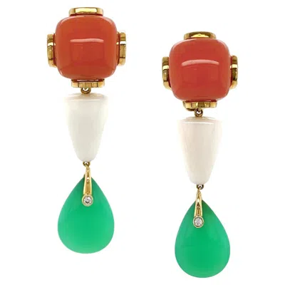 Pre-owned Valentin Magro Red, White Coral And Chrysoprase 18k Yellow Gold Diamond Drop Earrings