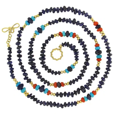 Pre-owned Valentin Magro Sapphire Rondelle, Red Coral, And Turquoise 18k Yellow Gold Ball Necklace