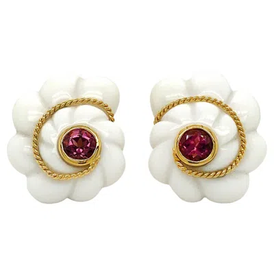 Pre-owned Valentin Magro Scalloped Shell White Opal Pink Tourmaline 18k Yellow Gold Earrings