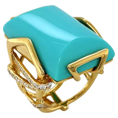 Pre-owned Valentin Magro Sleeping Beauty Turquoise And Diamond 18k Yellow Gold Ring