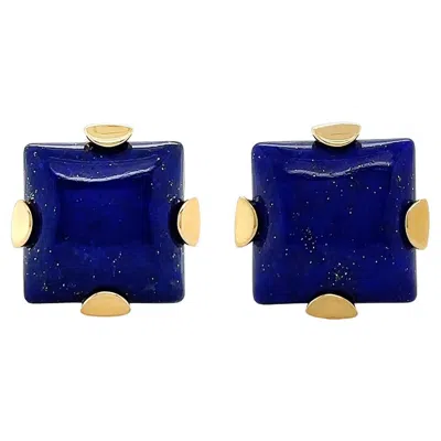 Pre-owned Valentin Magro Square Cabochon Lapis Lazuli 18k Yellow Gold Clip-on Earrings