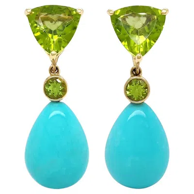 Pre-owned Valentin Magro Trillion Peridot And Turquoise Drop 18k Yellow Gold Earrings