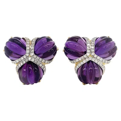Pre-owned Valentin Magro Triple Fan Amethyst Diamond Earrings In 18k Yellow Gold