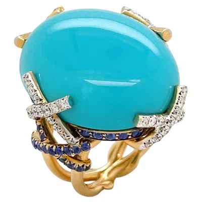 Pre-owned Valentin Magro Turquoise, Diamonds & Sapphire X Motif Ring In Blue