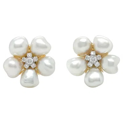 Pre-owned Valentin Magro White Keshi Pearl South Sea 18k Yellow Gold Diamond Cluster Earrings