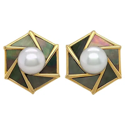 Pre-owned Valentin Magro White Pearl And Mother Of Pearl 18k Yellow Gold Earrings