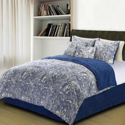 Valentina Flowers And Doodles Microfiber Duvet Cover Set In Blue,beige