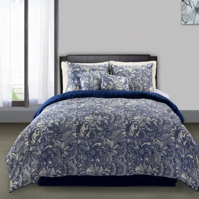 Valentina Flowers And Doodles Reversible Comforter Set In White And Navy Blue