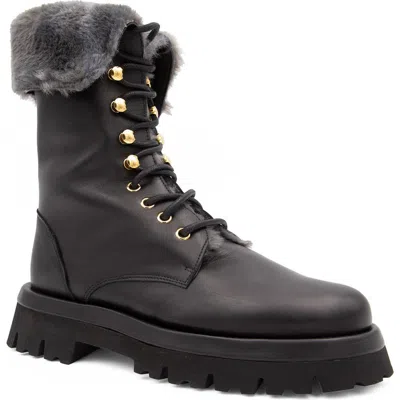 Valentina Rangoni Folgore Faux Fur Platform Combat Boot In Black Piumalux