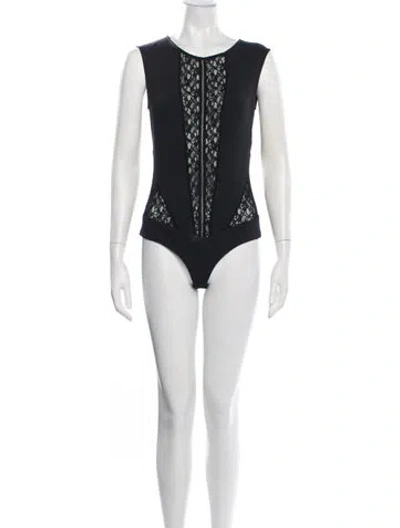 Pre-owned Valentina Shah Lace Pattern Crew Neck Bodysuit In Black