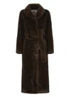 Valentini 1972 Brown Coat With Waist Belt In Faux Fur Woman In Brown