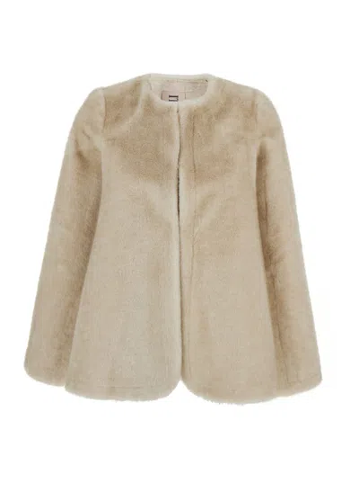VALENTINI 1972 BEIGE ROUND NECK HOOD WITH TRAPEZOID DESIGN IN FAUX FUR WOMAN