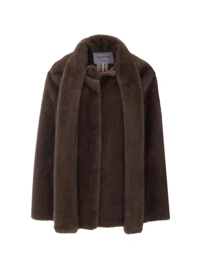 Valentini 1972 Faux-fur Scarf-detail Jacket In Brown