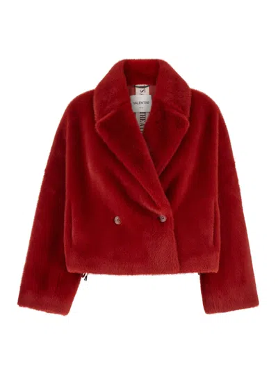 Valentini 1972 Red Cropped Single-breasted Jacket With Notched Revers In Ecofur Woman