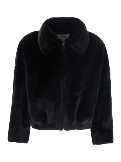 Valentini 1972 Short Shearling Jacket With Classic Collar And Front Zip In Ecofur In Black