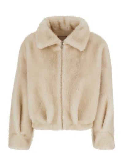 Valentini 1972 Short Shearling Jacket With Classic Collar & Zip Front In White