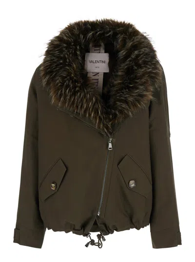 Valentini 1972 Wide Faux Fur Collar Cotton Jacket With Off-center Zip In Brown