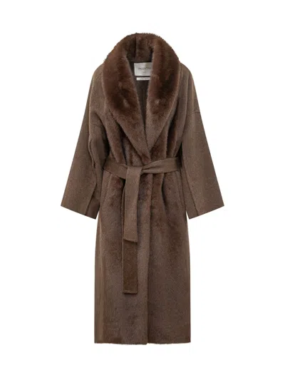 Valentini 1972 Wool Alpaca Eco Fur Coat In Coffe