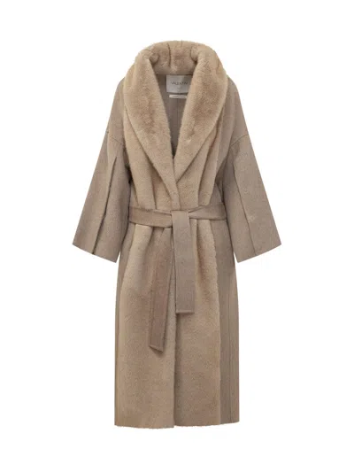 Valentini 1972 Wool Alpaca Eco Fur Coat In Sand