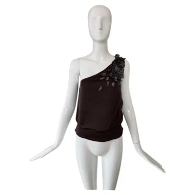 Pre-owned Valentino 00's Vintage Silk Embellished One Shoulder Blouse Bead In Gray