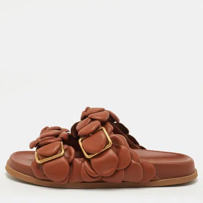 Pre-owned Valentino Garavani 03 Rose Edition Atelier Size 37 Brown Leather Flat Slide Sandals