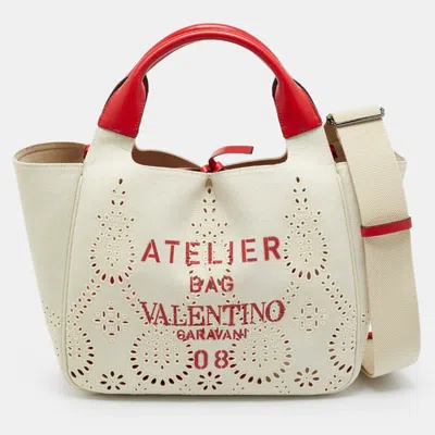 Pre-owned Valentino Garavani 08 San Gallo Edition Atelier Medium Natural/red Canvas Tote