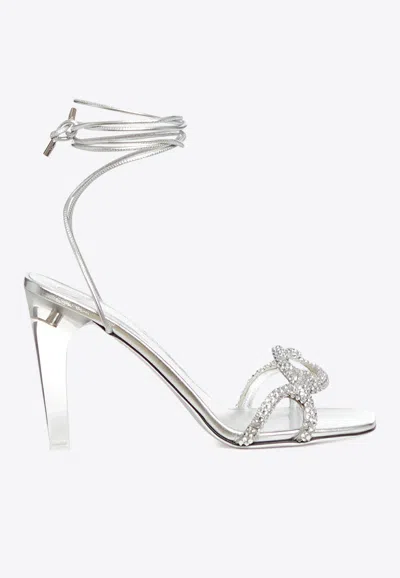 Valentino Garavani 100 Crystal Chain Sandals In Plata