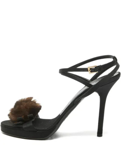 Pre-owned Valentino Garavani 100mm Pompom Satin Sandals In Black