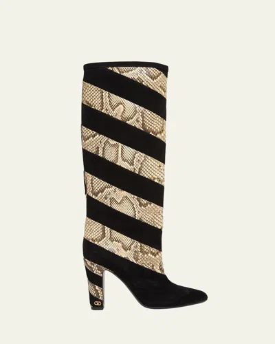Valentino Garavani 100mm Rayons Snake-printed Leather And Suede Knee-high Boots In Multi