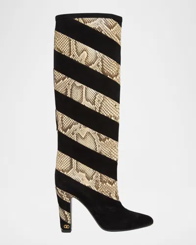 Valentino Garavani 100mm Rayons Snake-printed Leather And Suede Knee-high Boots In Multi