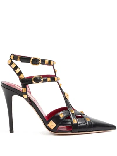 Valentino Garavani Leather Pumps Studs Ankle Strap High Heel In Black
