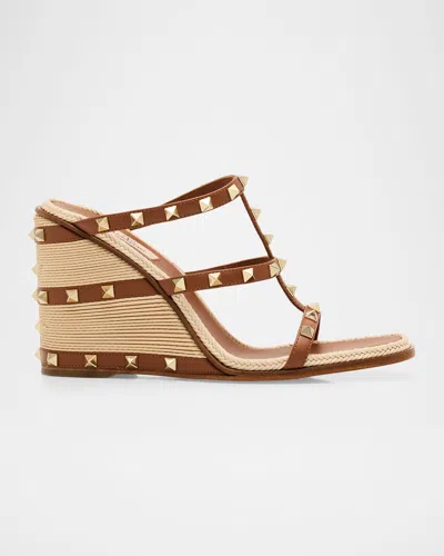 Valentino Garavani 100mm Rockstud Espadrille Wedge Sandals In Brown