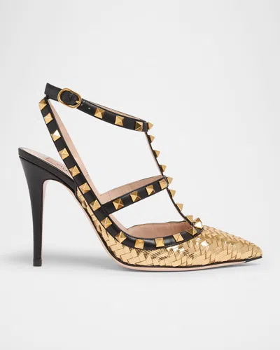 Valentino Garavani 100mm Rockstud Intreccio Metallic Leather Ankle-strap Pumps In Gold