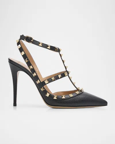 Valentino Garavani 100mm Rockstud Leather Ankle-strap Pumps In Black