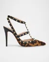 Valentino 100mm Rockstud Leopard Calf Hair Ankle-strap Pumps In Multi