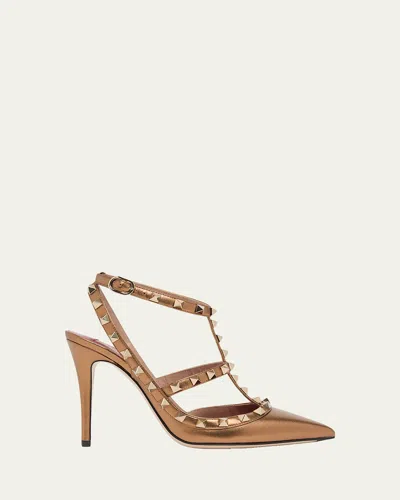 Valentino Garavani 100mm Rockstud Metallic Leather Ankle-strap Pumps In Brown
