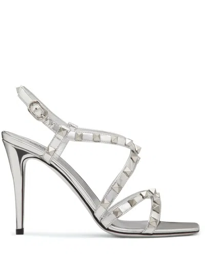 Valentino Garavani Rockstud 100mm Ankle-strap Sandals In Silver