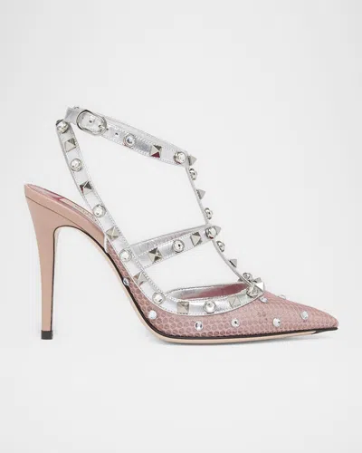 Valentino Garavani 100mm Rockstud Mixed Leather And Mesh Ankle-strap Pumps In Pink