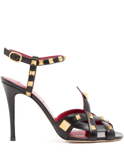Valentino Garavani Studded High-heel Floral Sandals With Ankle Strap In Black