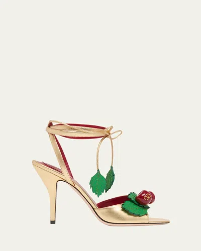 Valentino Garavani 100mm Vlogo Cherry Leather Ankle-tie Sandals In Gold