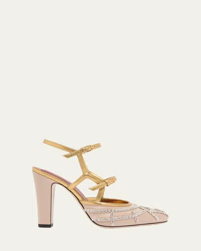 Valentino Garavani 100mm Vlogo Embellished Satin And Metallic Leather Pumps In Pink