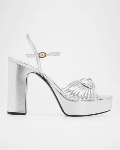 Valentino Garavani 115mm Coeur Royal Metallic Leather Platform Sandals In Silver