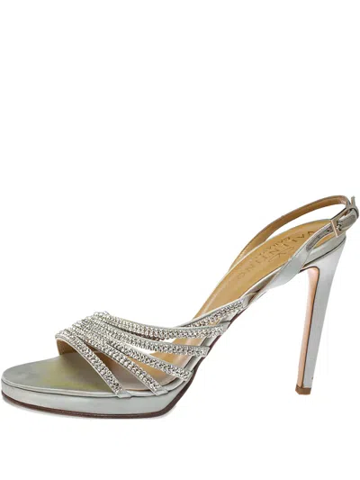 Pre-owned Valentino Garavani 115mm Crystal-embellished Slingback Sandals In Gray