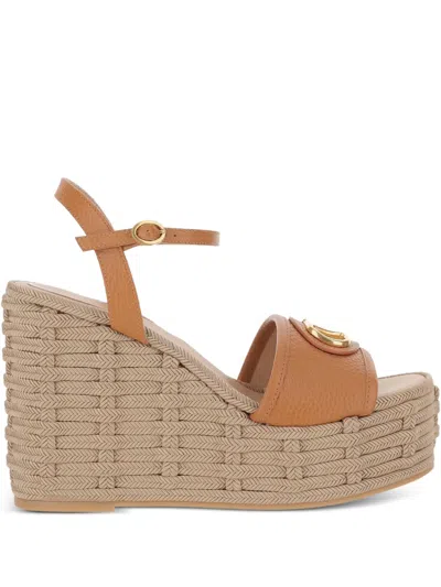Valentino Garavani Vlogo Signature Wedge Sandal In Grainy Calfskin 120mm Woman Almond 40 In Brown