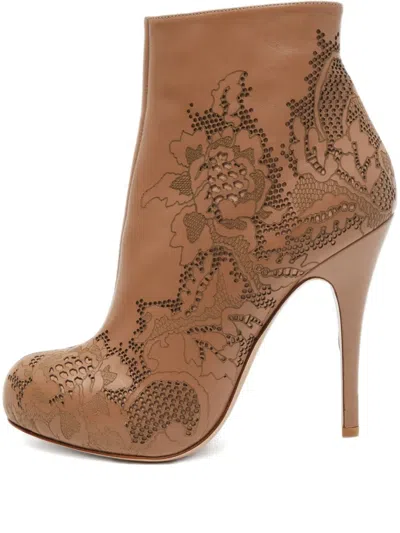Pre-owned Valentino Garavani 125mm Floral-motif Heeled Boots In Neutral