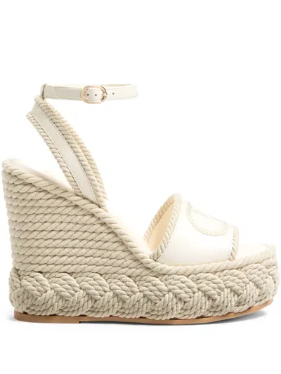Valentino Garavani Valentino Vlogo Silk Torchon 130 Leather Wedge Sandal In White